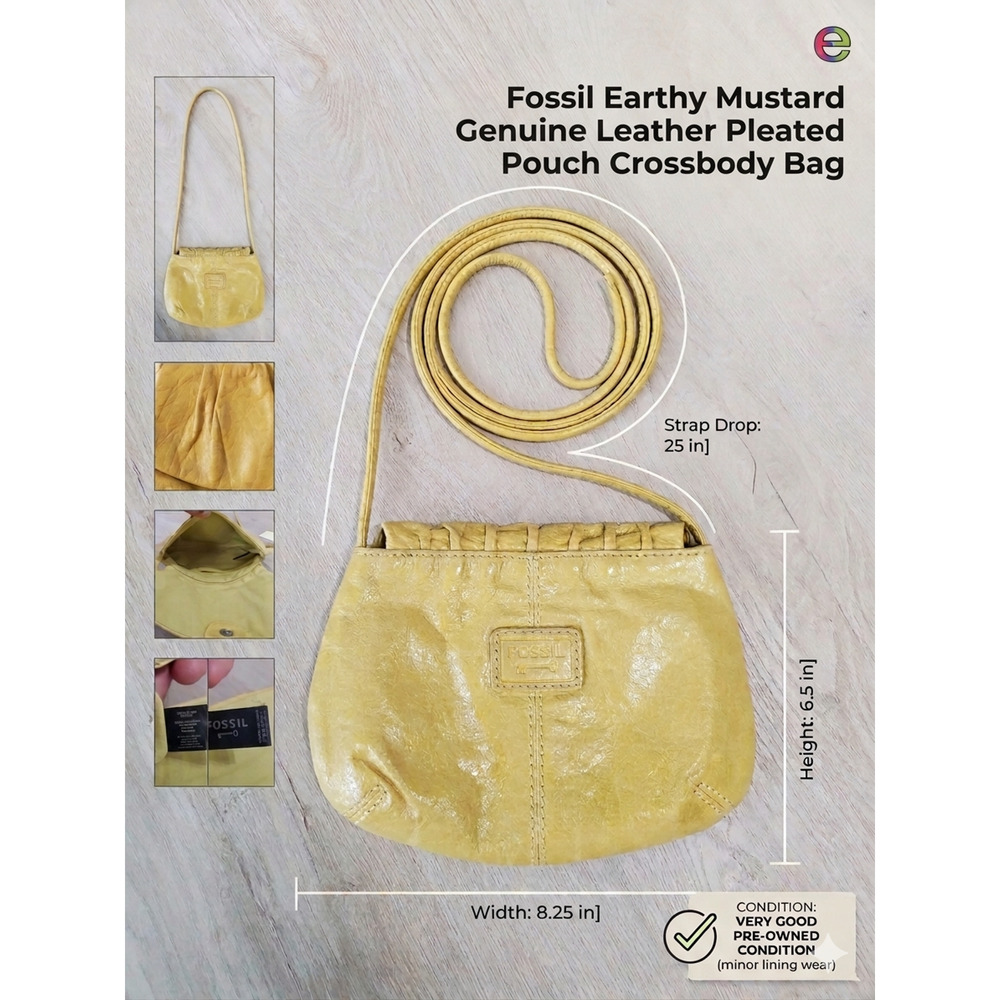 Fossil Earthy Mustard Genuine Leather Pleated Pouch Crossbody Bag SL2205 - EUC